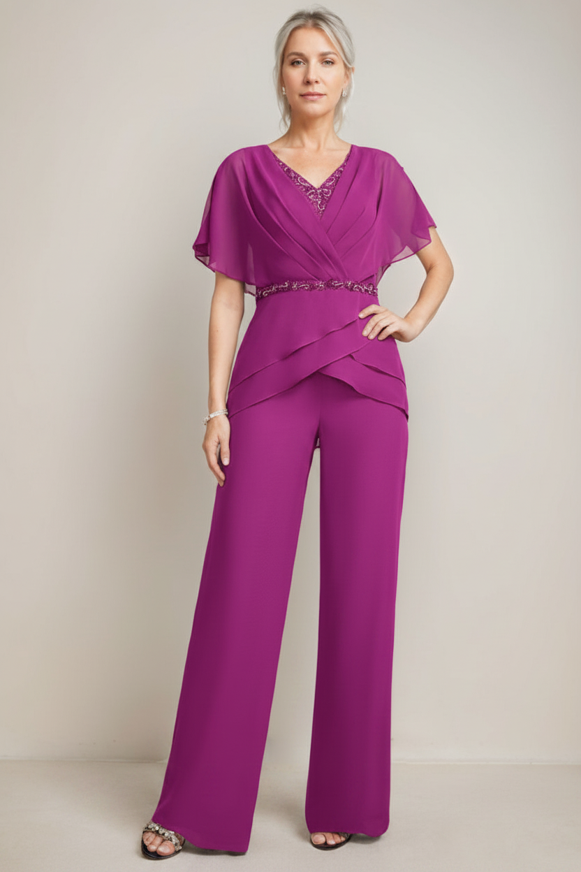 2 Pieces V-Neck Ruched Flutter Sleeves Floor-Length Beading Mother of the Bride Pantsuits