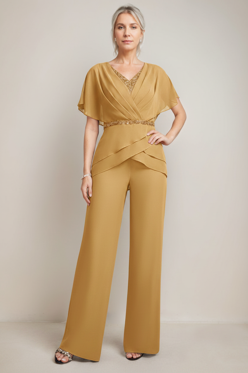 2 Pieces V-Neck Ruched Flutter Sleeves Floor-Length Beading Mother of the Bride Pantsuits