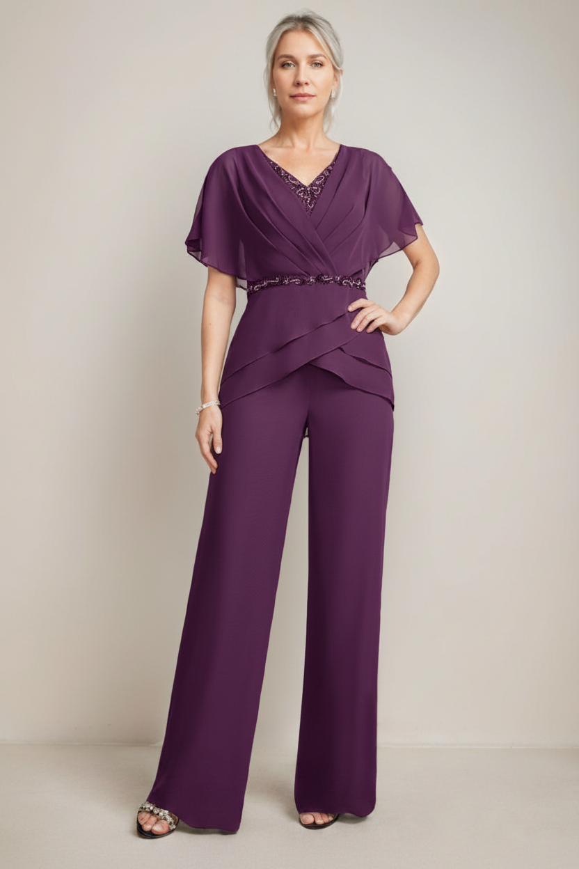 2 Pieces V-Neck Ruched Flutter Sleeves Floor-Length Beading Mother of the Bride Pantsuits