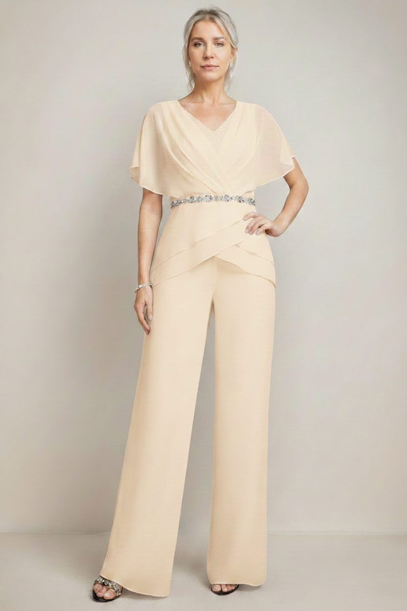 2 Pieces V-Neck Ruched Flutter Sleeves Floor-Length Beading Mother of the Bride Pantsuits