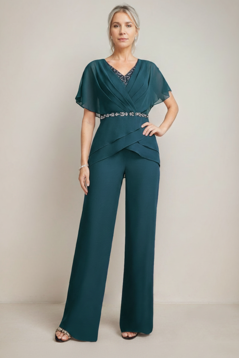 2 Pieces V-Neck Ruched Flutter Sleeves Floor-Length Beading Mother of the Bride Pantsuits
