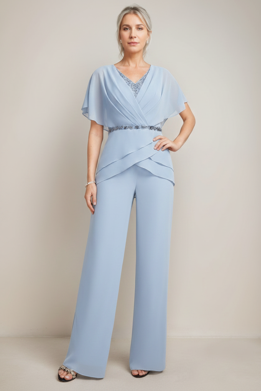 2 Pieces V-Neck Ruched Flutter Sleeves Floor-Length Beading Mother of the Bride Pantsuits
