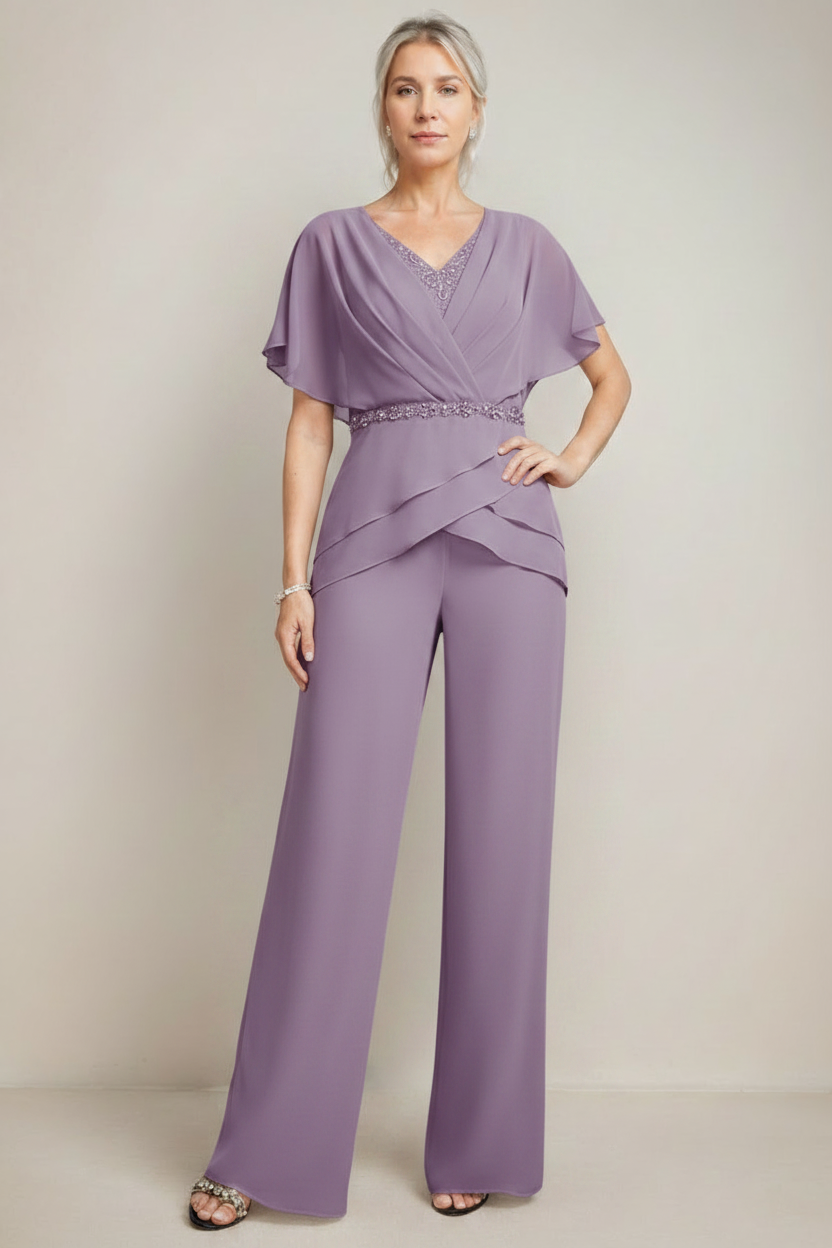 2 Pieces V-Neck Ruched Flutter Sleeves Floor-Length Beading Mother of the Bride Pantsuits