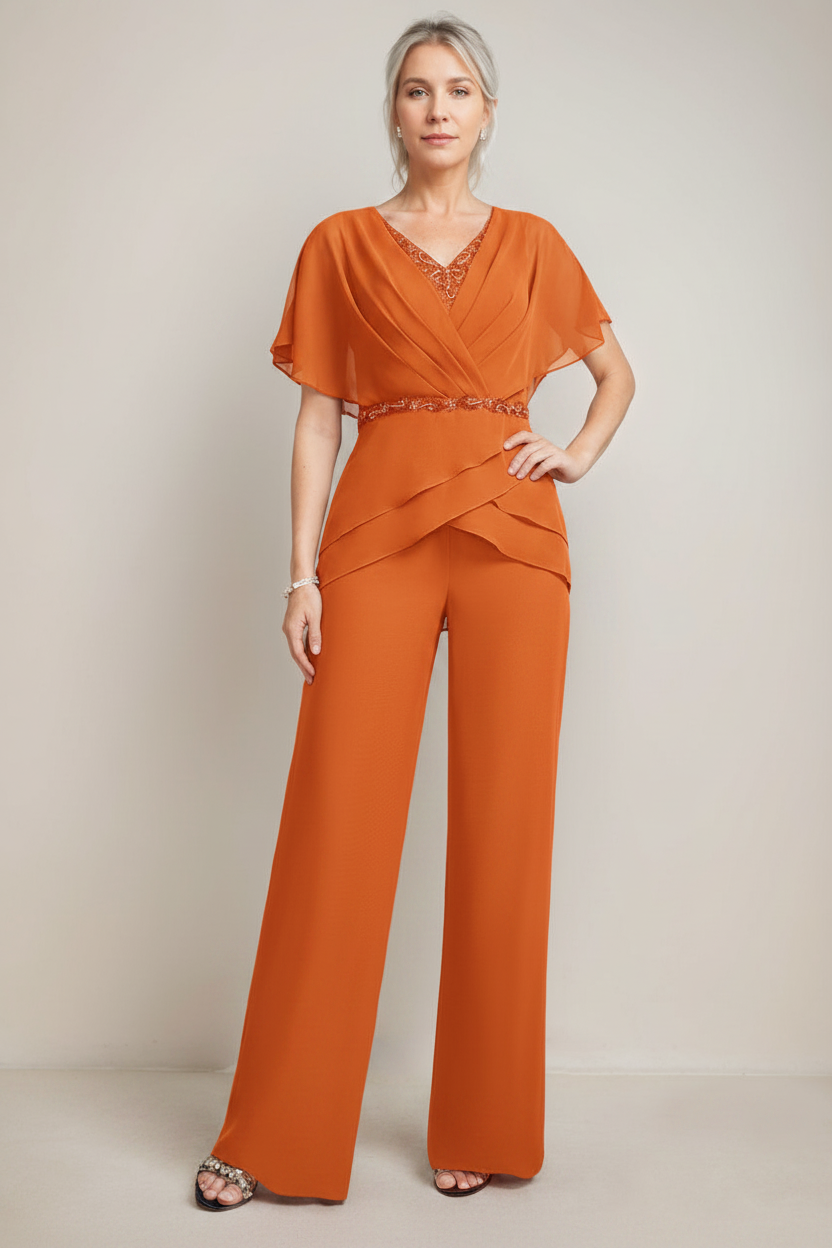 2 Pieces V-Neck Ruched Flutter Sleeves Floor-Length Beading Mother of the Bride Pantsuits