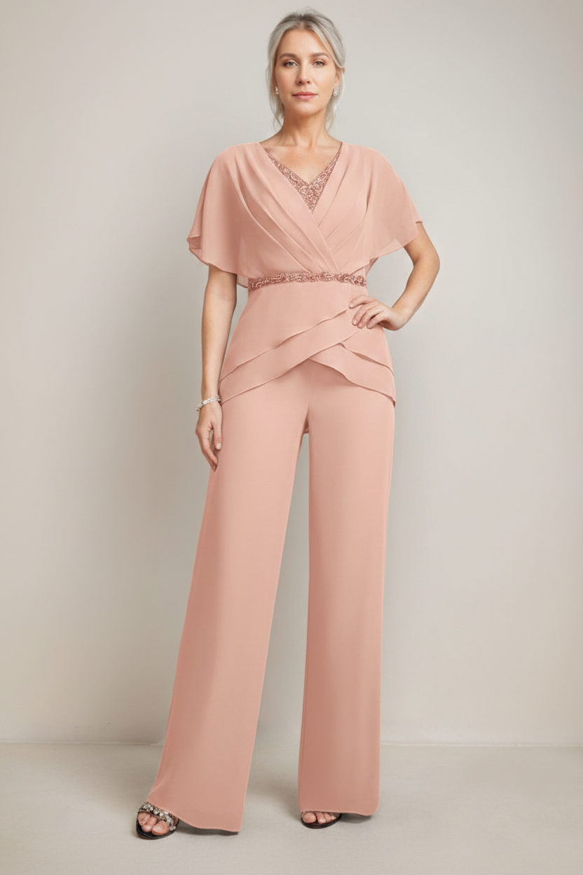 2 Pieces V-Neck Ruched Flutter Sleeves Floor-Length Beading Mother of the Bride Pantsuits
