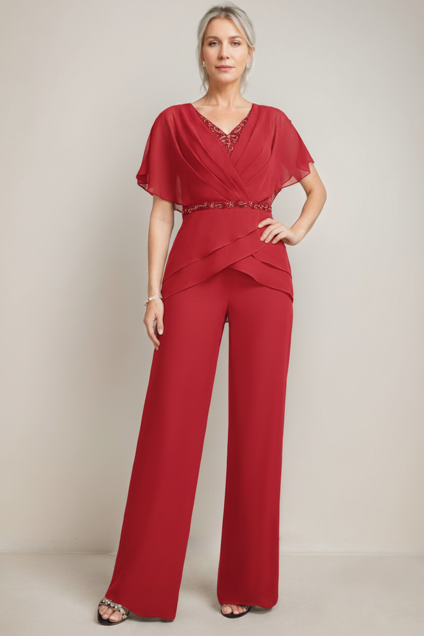 2 Pieces V-Neck Ruched Flutter Sleeves Floor-Length Beading Mother of the Bride Pantsuits