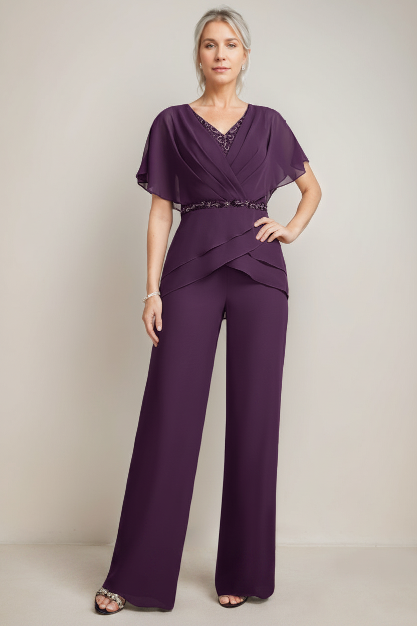 2 Pieces V-Neck Ruched Flutter Sleeves Floor-Length Beading Mother of the Bride Pantsuits