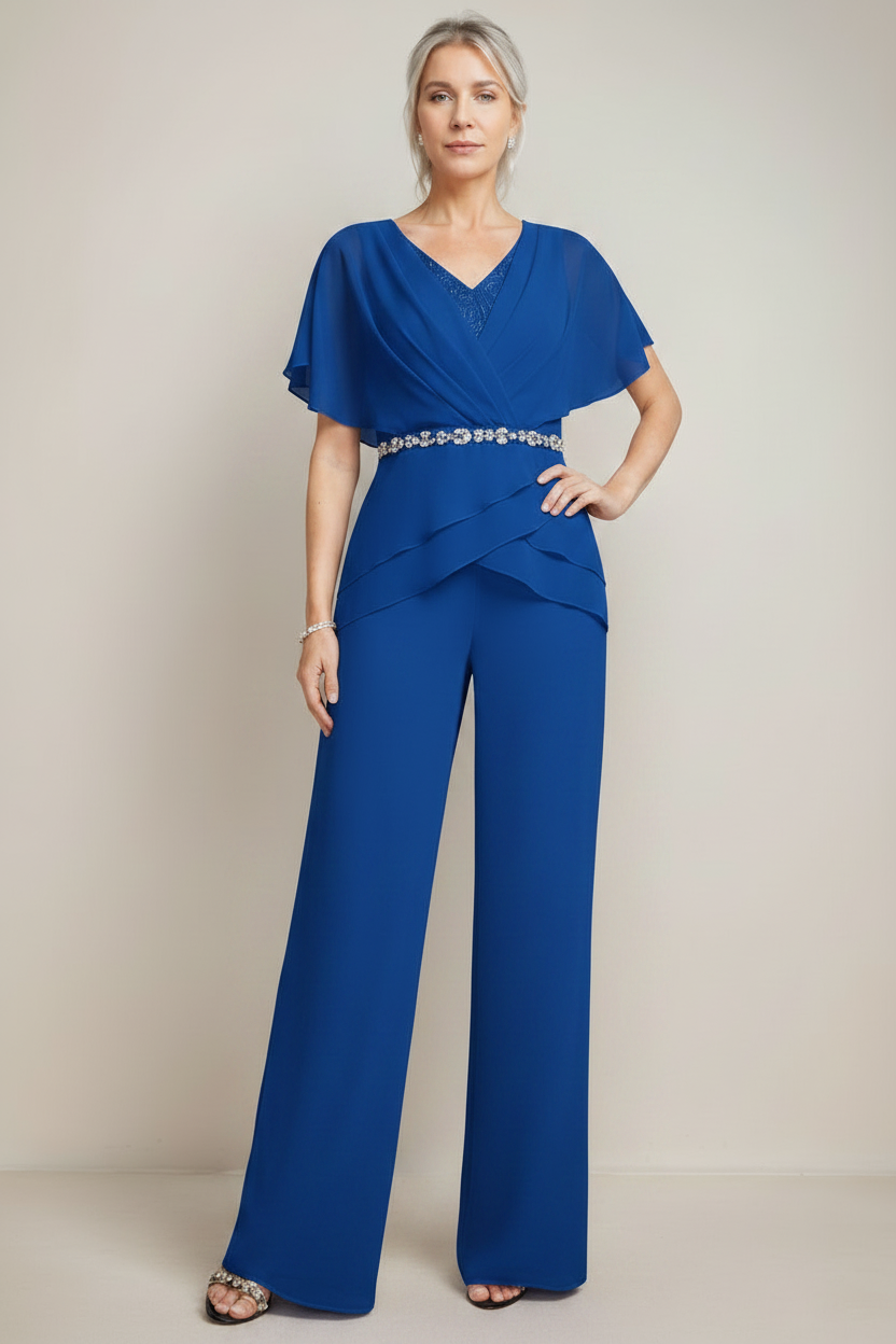2 Pieces V-Neck Ruched Flutter Sleeves Floor-Length Beading Mother of the Bride Pantsuits
