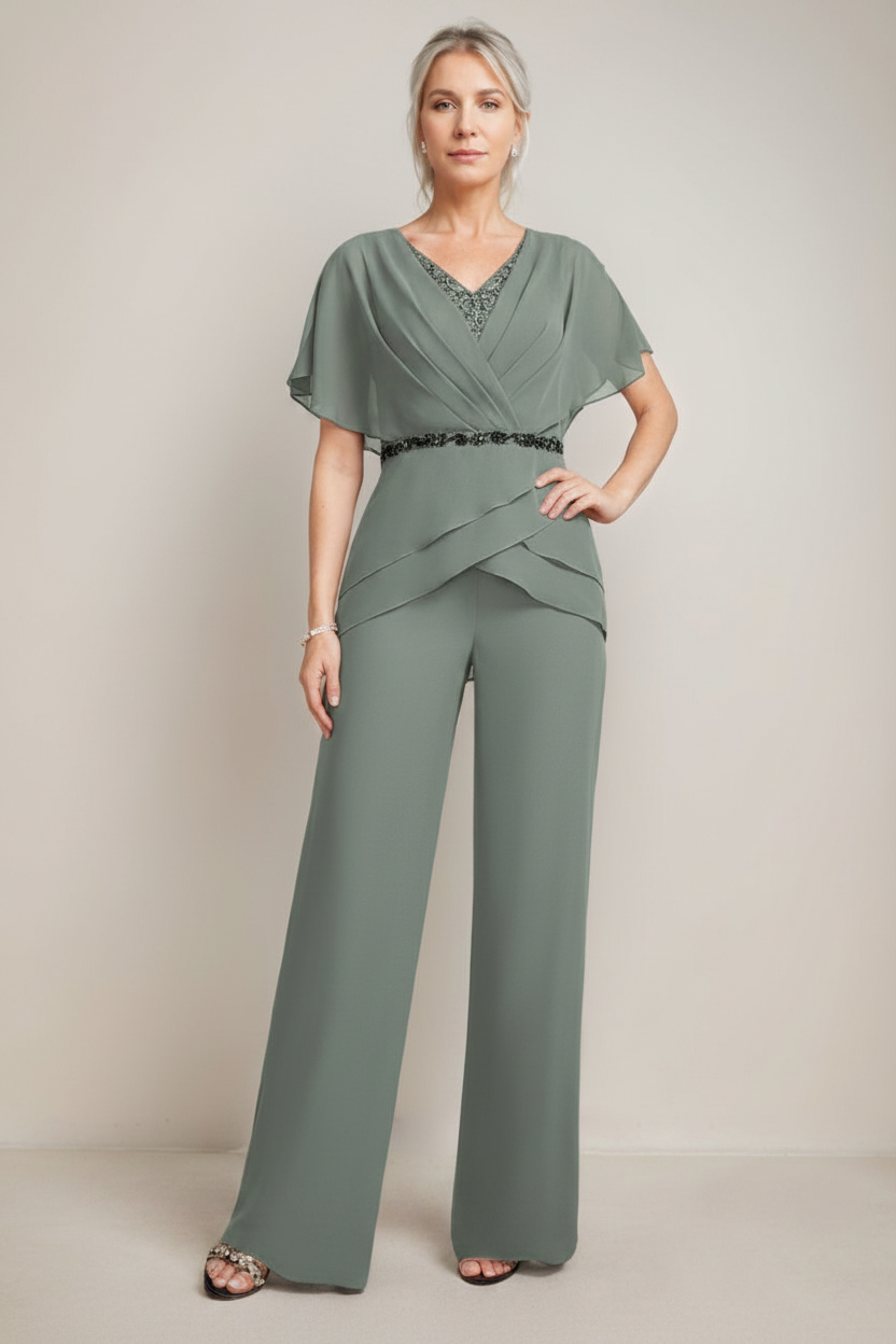 2 Pieces V-Neck Ruched Flutter Sleeves Floor-Length Beading Mother of the Bride Pantsuits