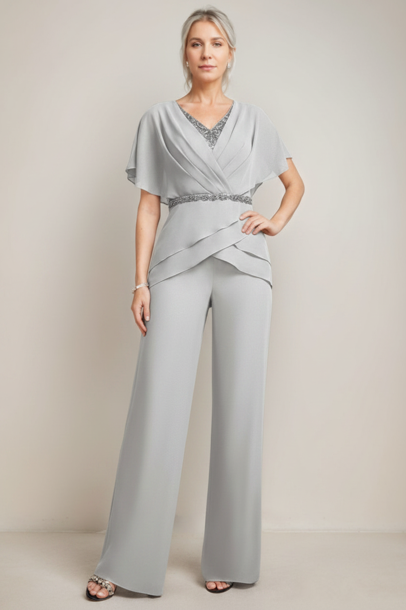 2 Pieces V-Neck Ruched Flutter Sleeves Floor-Length Beading Mother of the Bride Pantsuits