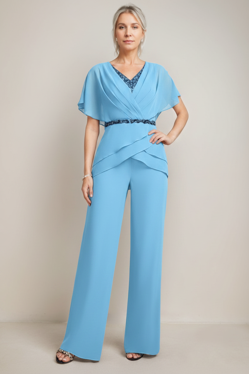 2 Pieces V-Neck Ruched Flutter Sleeves Floor-Length Beading Mother of the Bride Pantsuits
