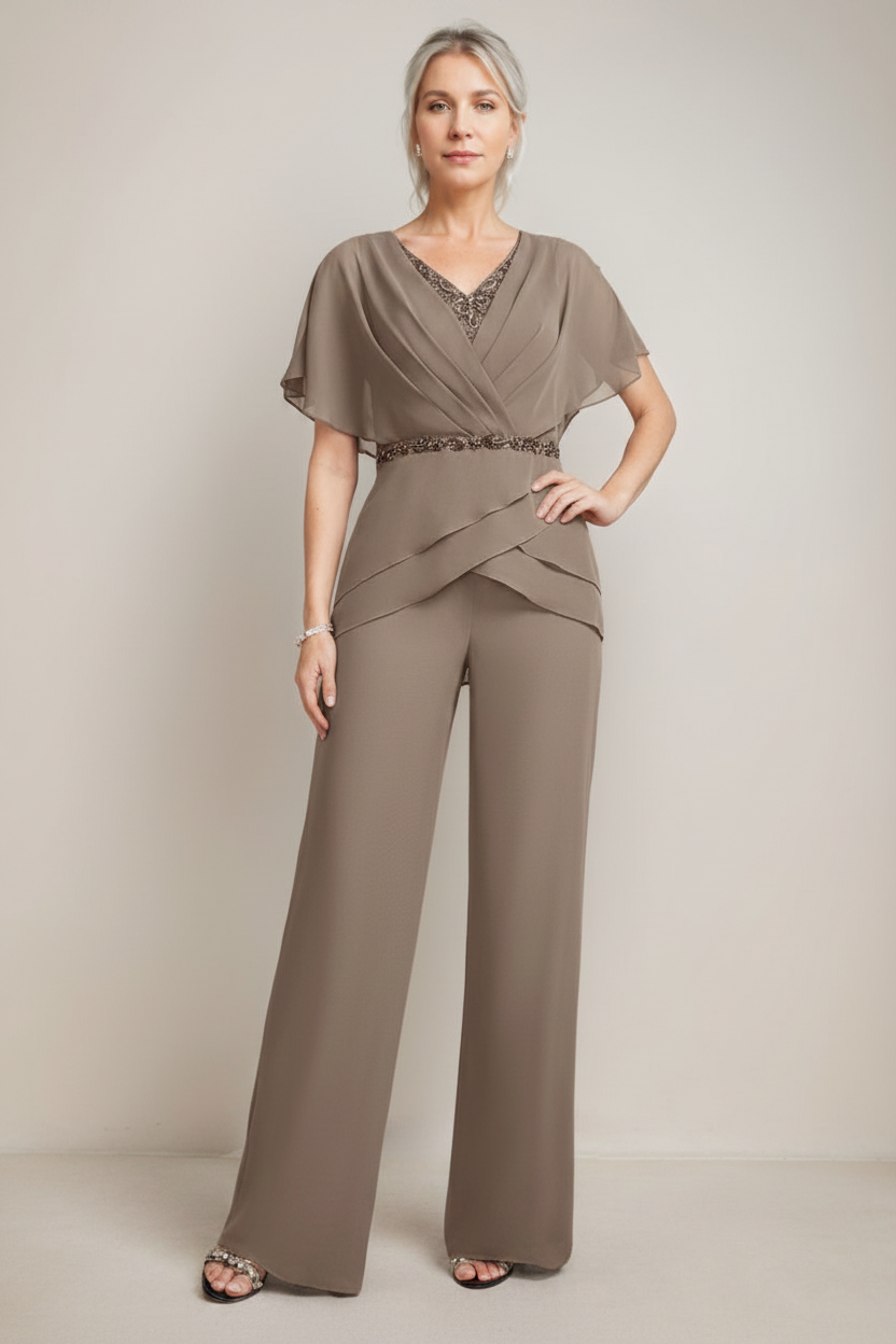 2 Pieces V-Neck Ruched Flutter Sleeves Floor-Length Beading Mother of the Bride Pantsuits