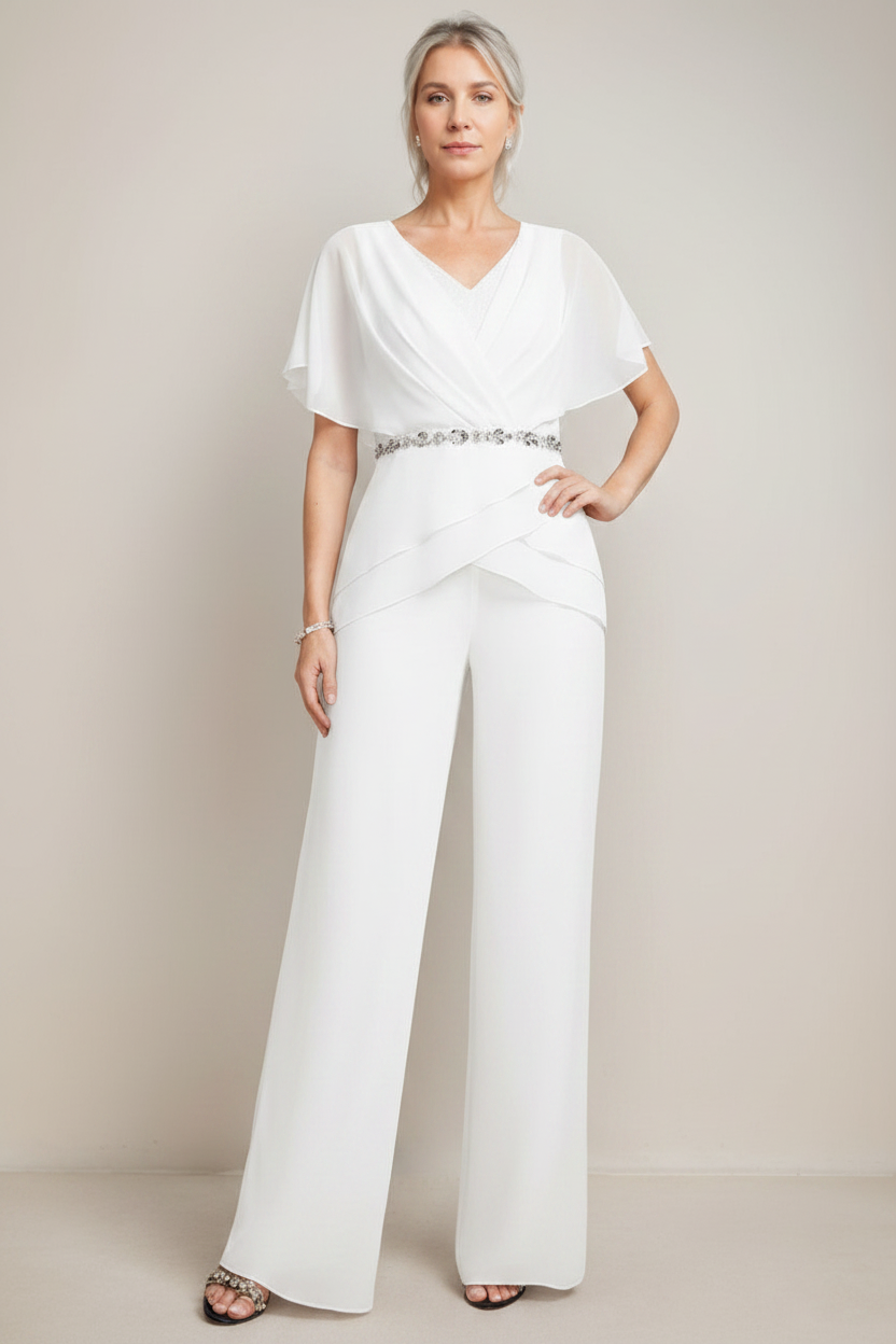 2 Pieces V-Neck Ruched Flutter Sleeves Floor-Length Beading Mother of the Bride Pantsuits