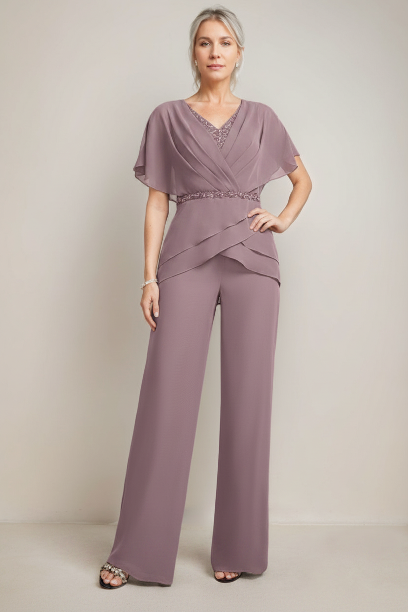 2 Pieces V-Neck Ruched Flutter Sleeves Floor-Length Beading Mother of the Bride Pantsuits