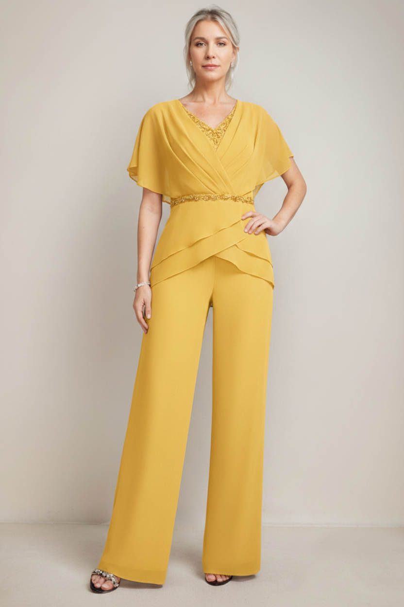 2 Pieces V-Neck Ruched Flutter Sleeves Floor-Length Beading Mother of the Bride Pantsuits