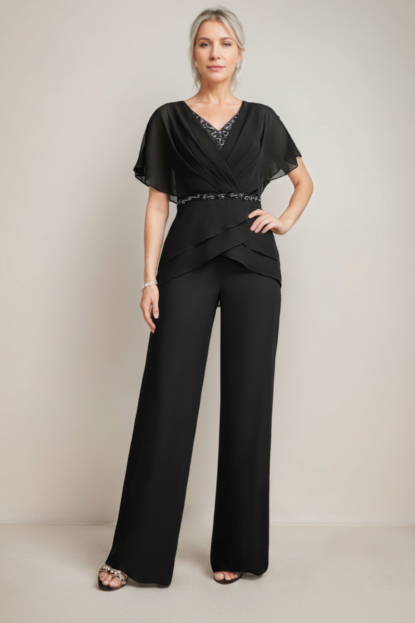 2 Pieces V-Neck Ruched Flutter Sleeves Floor-Length Beading Mother of the Bride Pantsuits