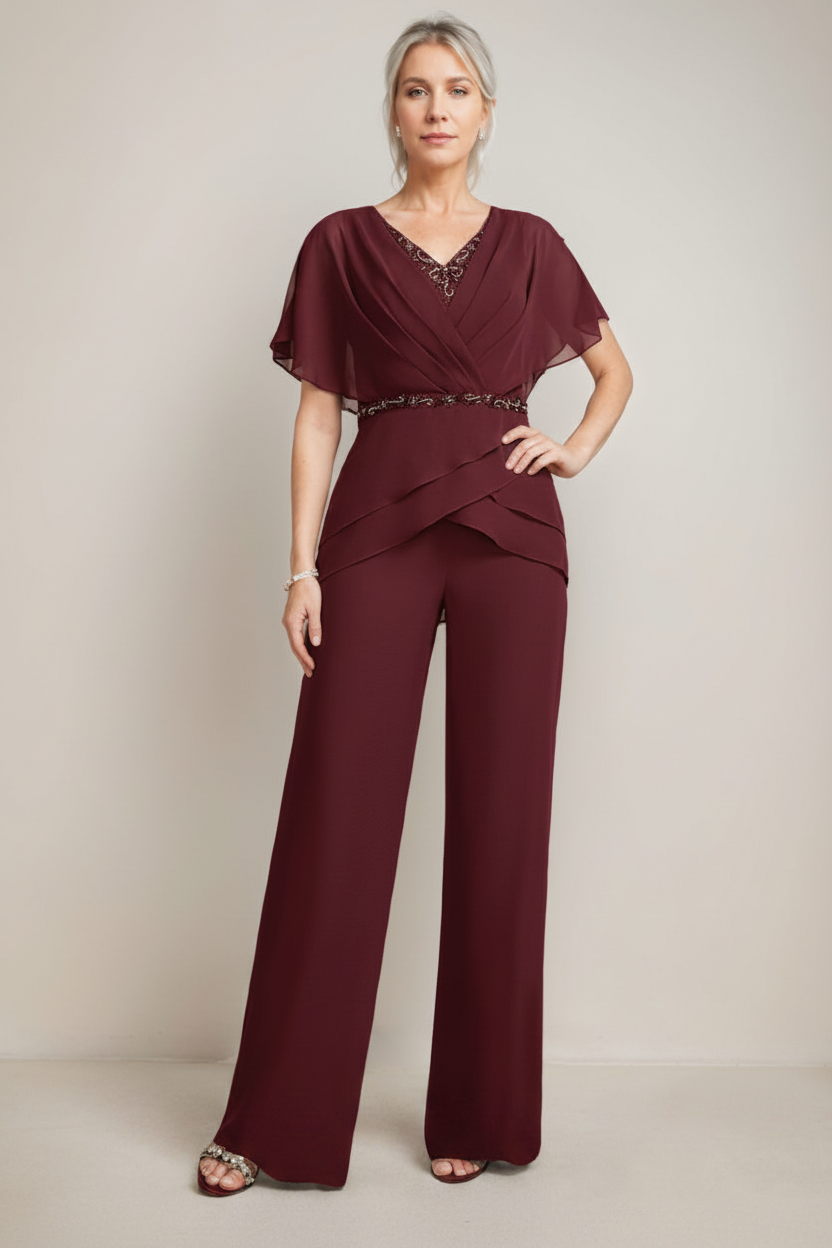 2 Pieces V-Neck Ruched Flutter Sleeves Floor-Length Beading Mother of the Bride Pantsuits