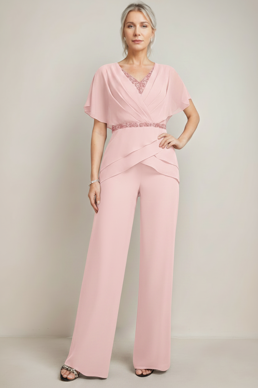 2 Pieces V-Neck Ruched Flutter Sleeves Floor-Length Beading Mother of the Bride Pantsuits