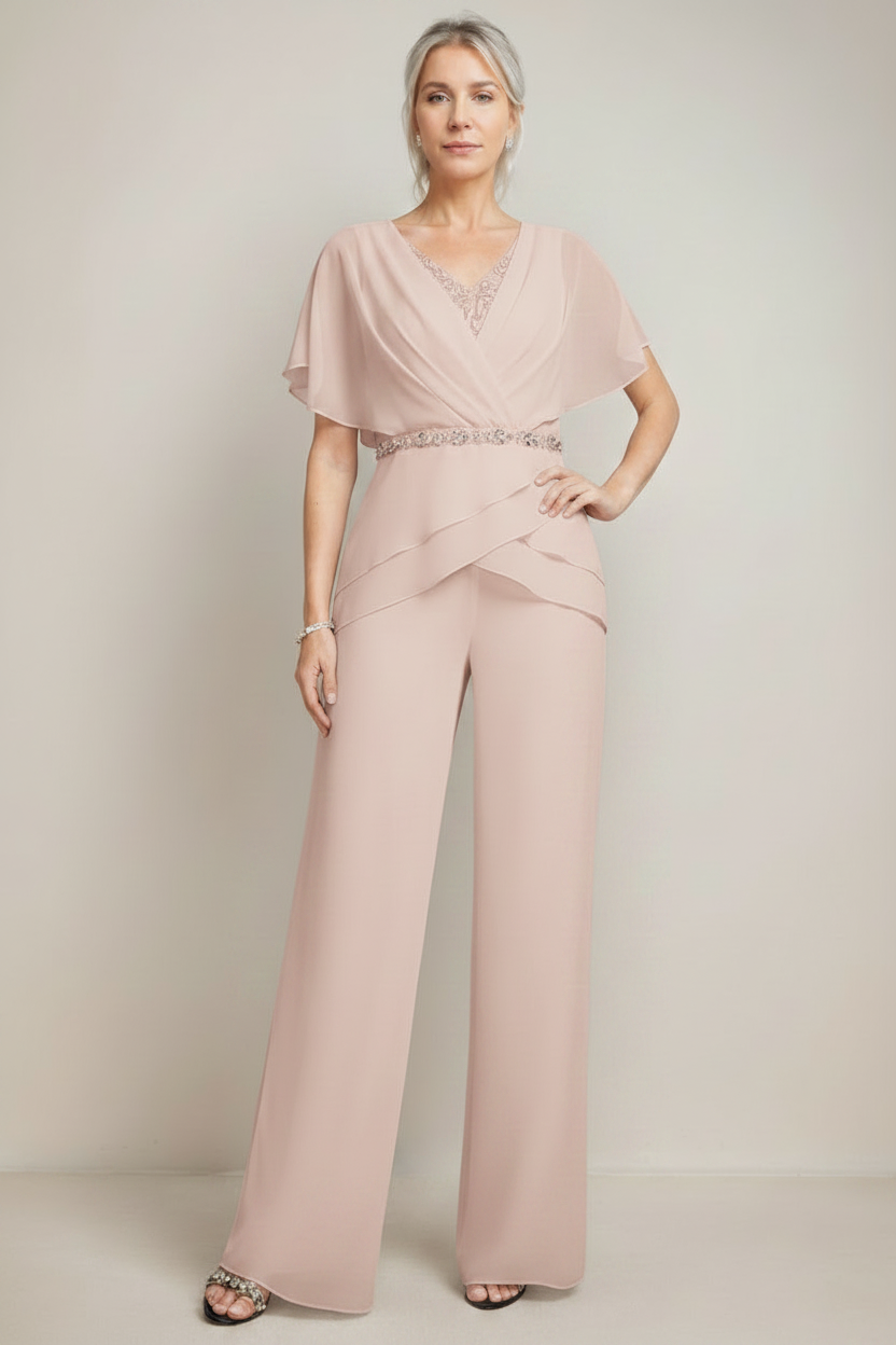 2 Pieces V-Neck Ruched Flutter Sleeves Floor-Length Beading Mother of the Bride Pantsuits