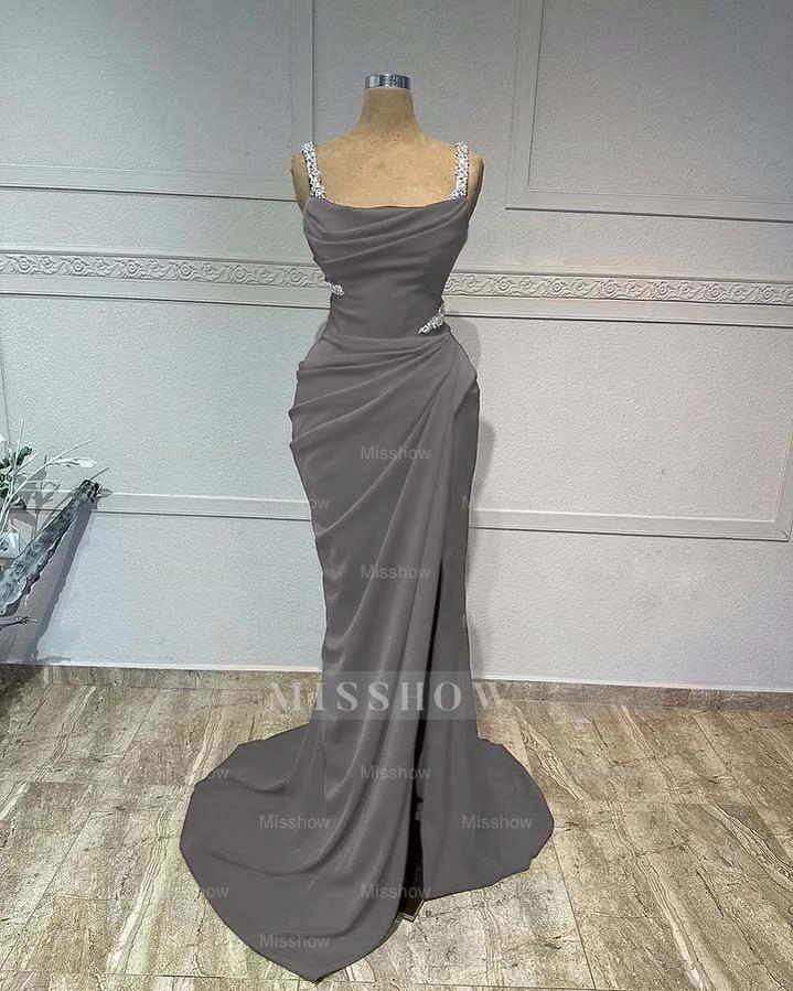 Straps Sleeveless Long Mermaid Formal Dress With Pleated Sequins