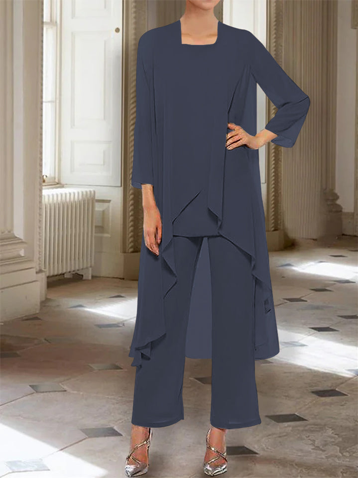 Chiffon Round Neck 3 4 Length Sleeves Ankle Length Mother Of The Bride Pantsuits With Jacket