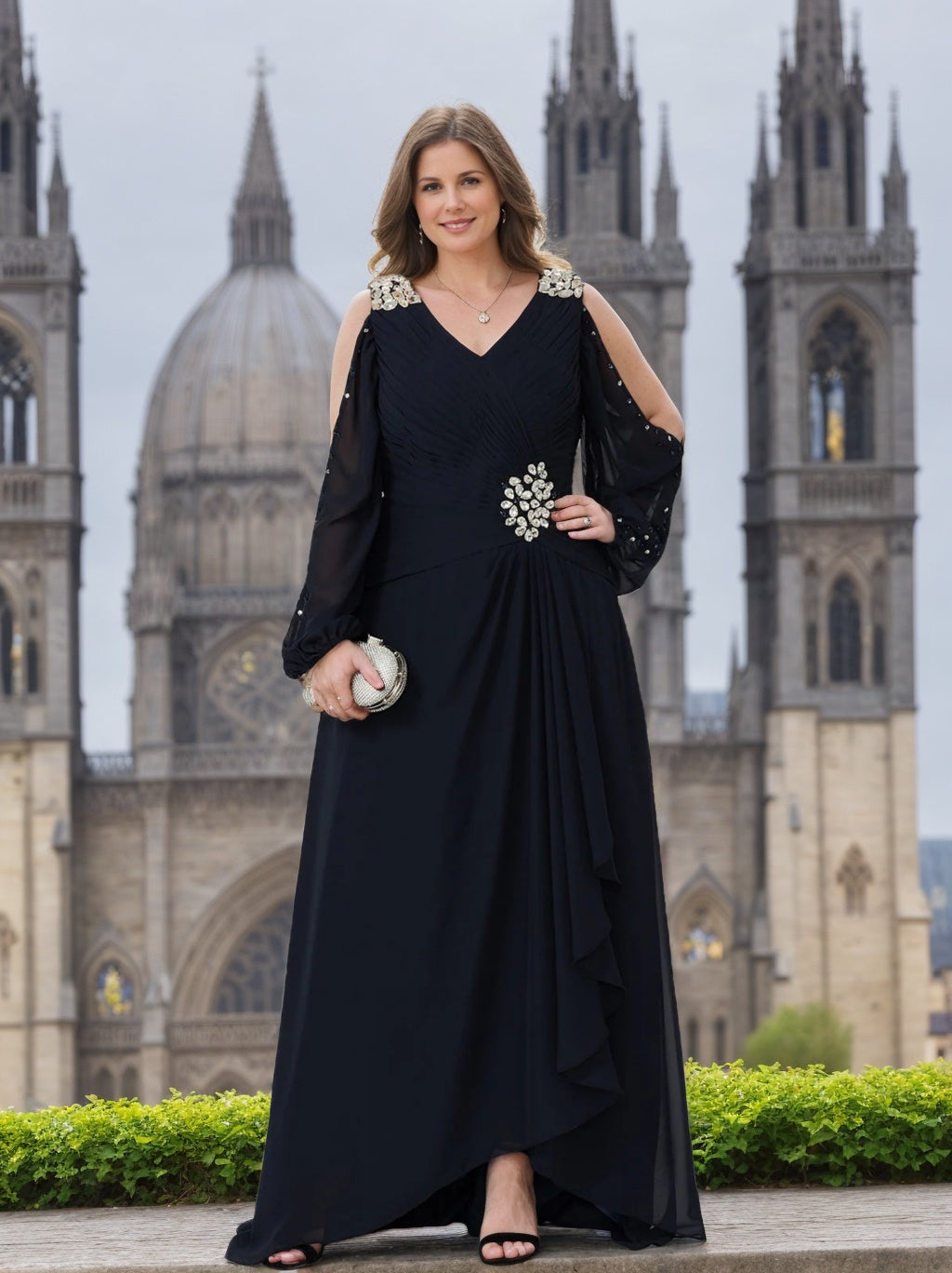 A Line Princess V Neck Mother Of The Bride Dresses With Rhinestones