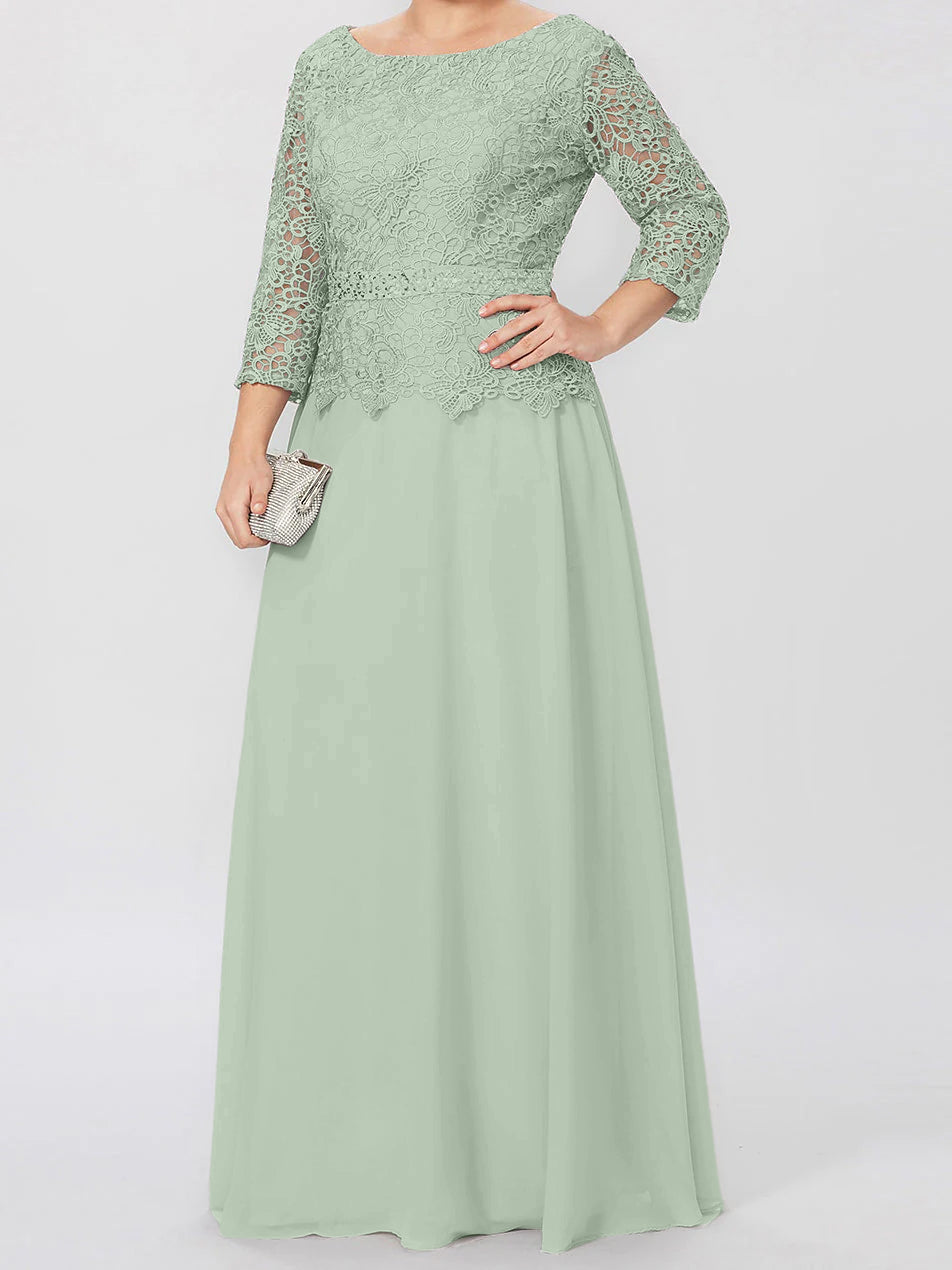 A Line Princess Round Neck 3 4 Length Sleeves Floor Length Mother Of The Bride Dresses With Applique Sequins