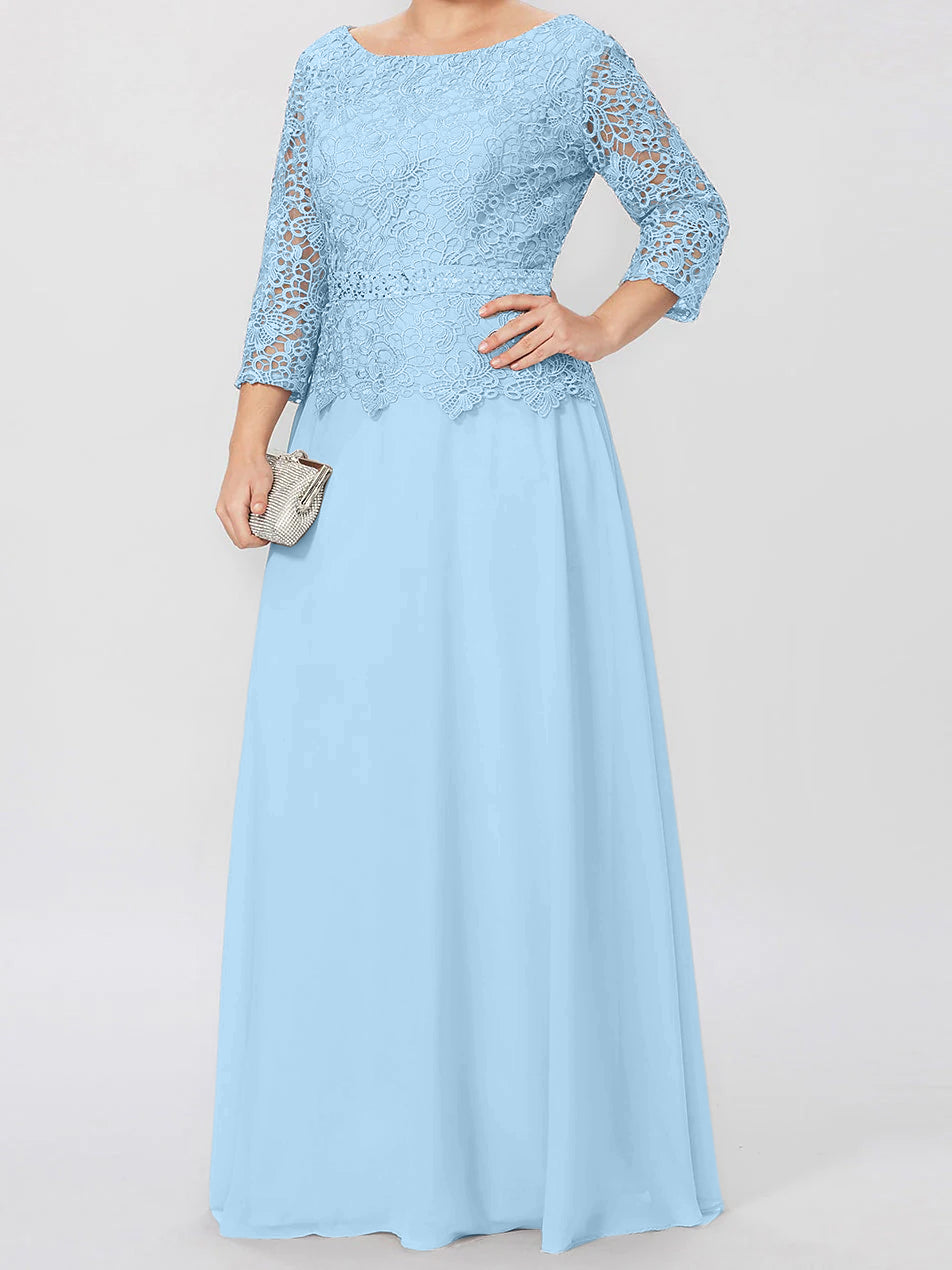 A Line Princess Round Neck 3 4 Length Sleeves Floor Length Mother Of The Bride Dresses With Applique Sequins
