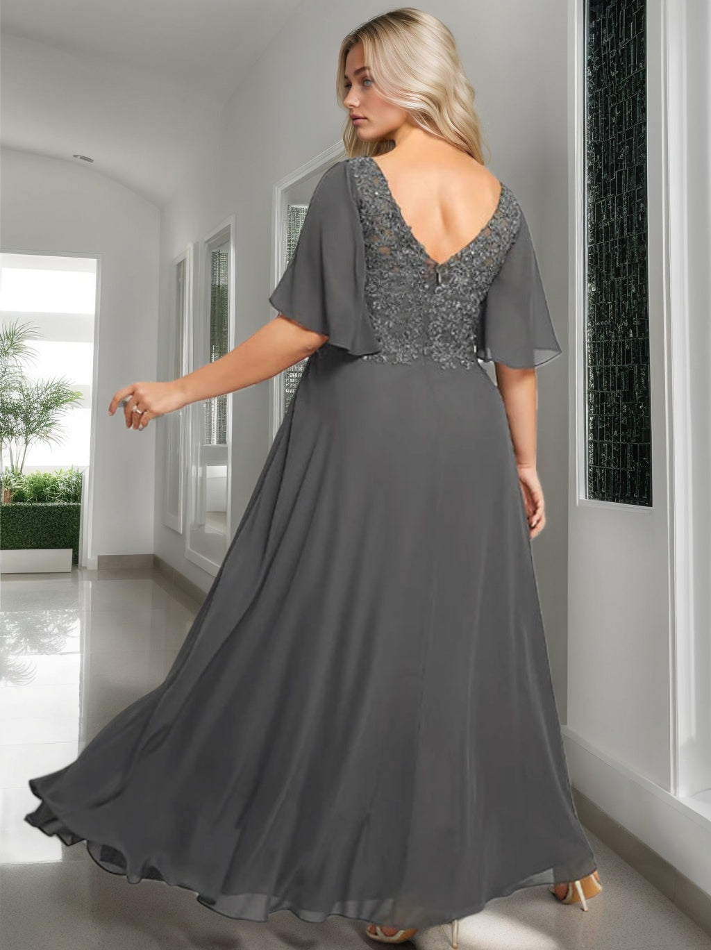 A Line Princess V Neck Half Sleeves Floor Length Mother Of The Bride Dresses With Applique
