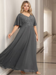 A Line Princess V Neck Half Sleeves Floor Length Mother Of The Bride Dresses With Applique
