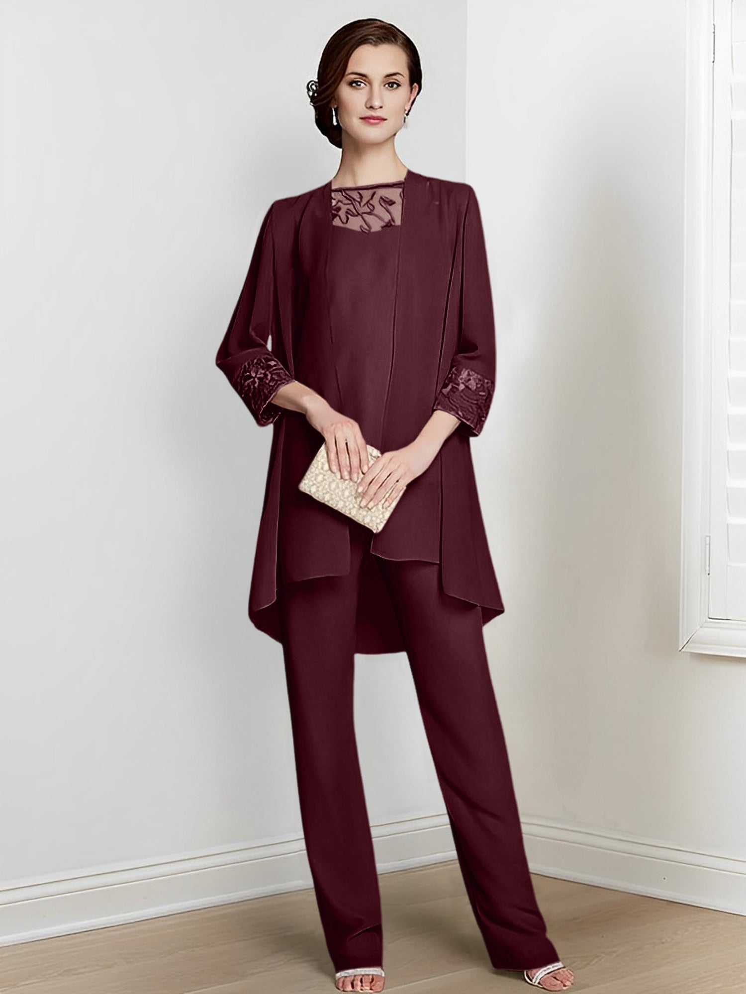 Chiffon Square Neck Long Sleeves Floor Length Mother Of The Bride Pantsuits With Jacket