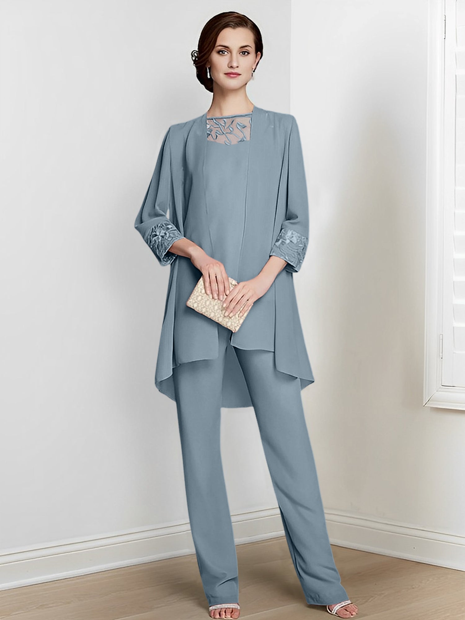Chiffon Square Neck Long Sleeves Floor Length Mother Of The Bride Pantsuits With Jacket
