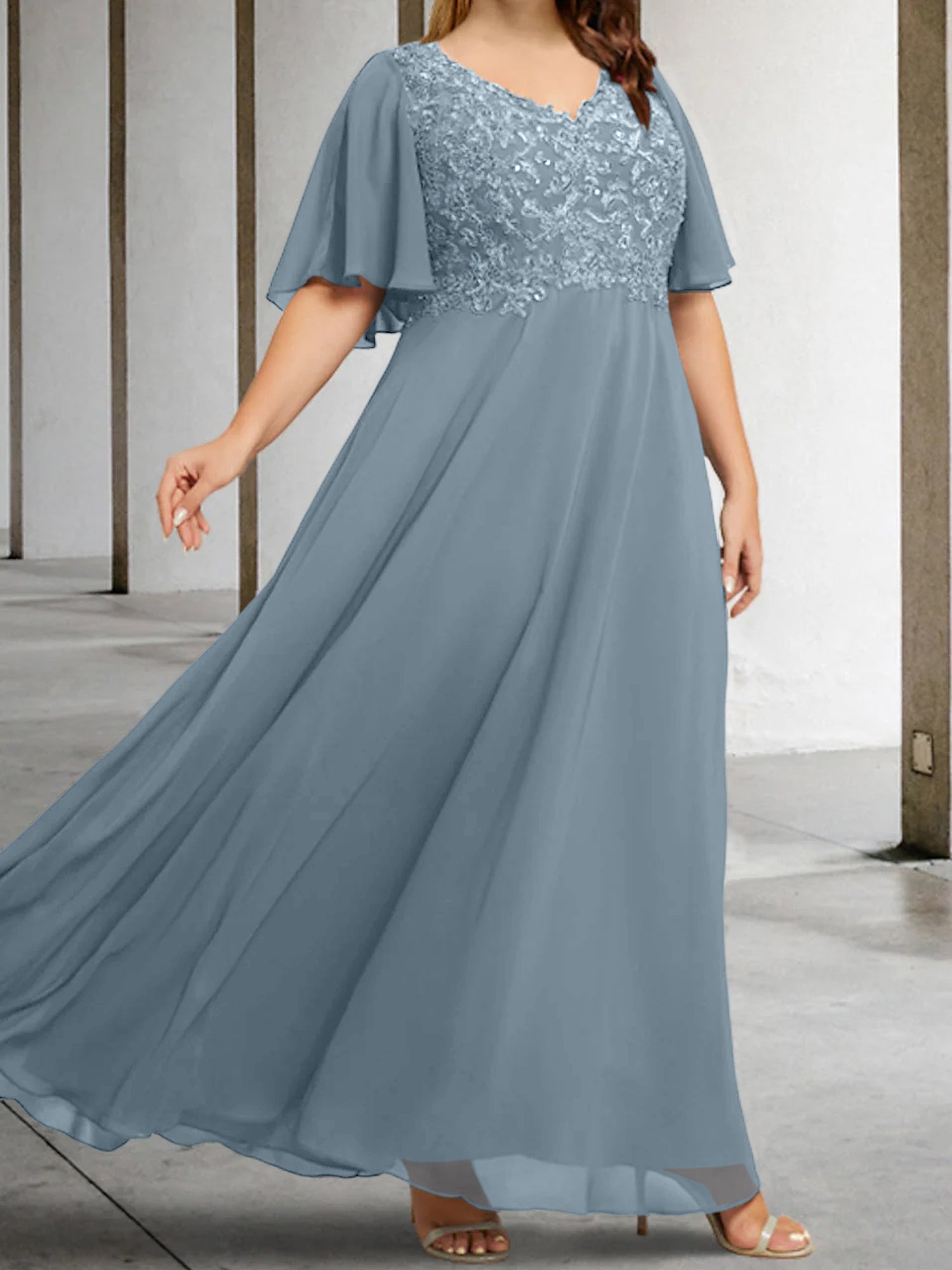 A Line Princess V Neck Half Sleeves Floor Length Mother Of The Bride Dresses With Applique