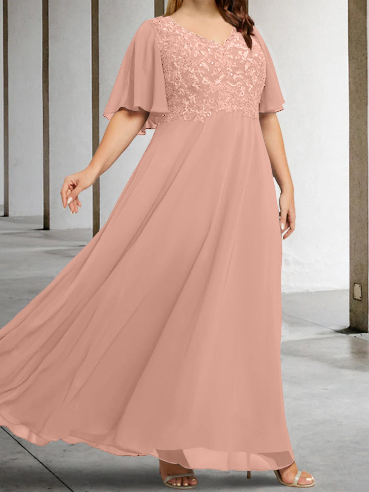 A Line Princess V Neck Half Sleeves Floor Length Mother Of The Bride Dresses With Applique