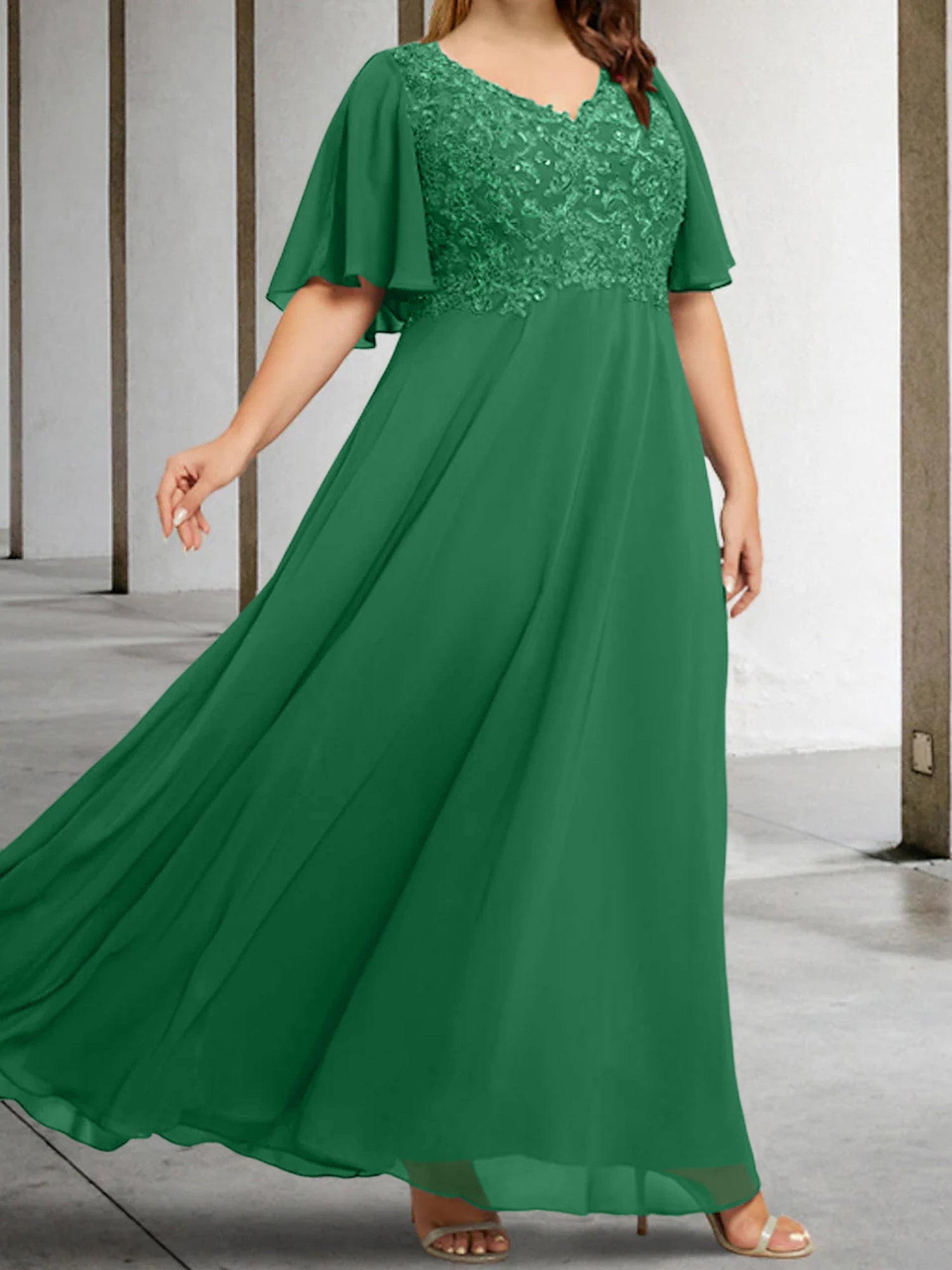 A Line Princess V Neck Half Sleeves Floor Length Mother Of The Bride Dresses With Applique