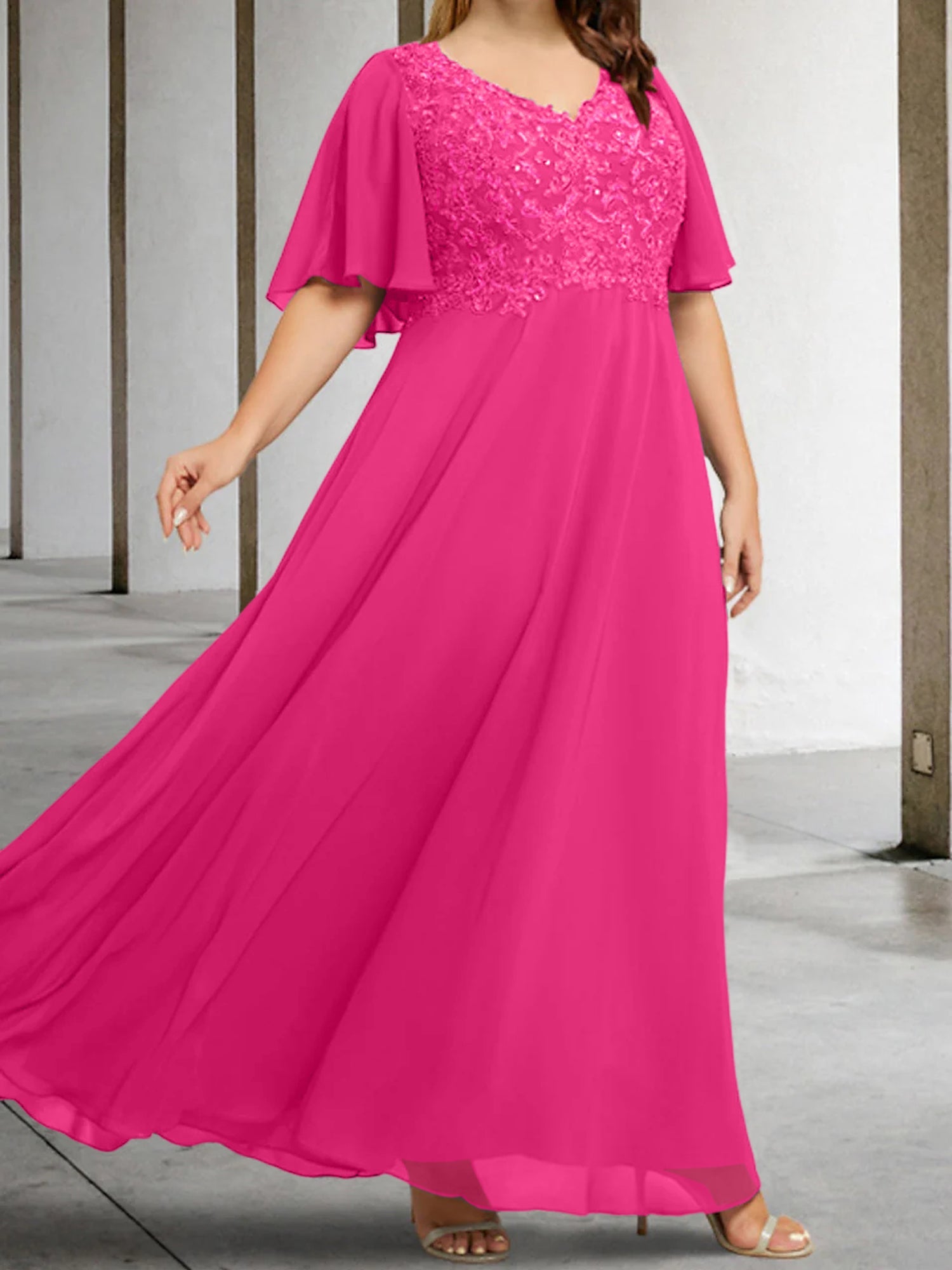 A Line Princess V Neck Half Sleeves Floor Length Mother Of The Bride Dresses With Applique