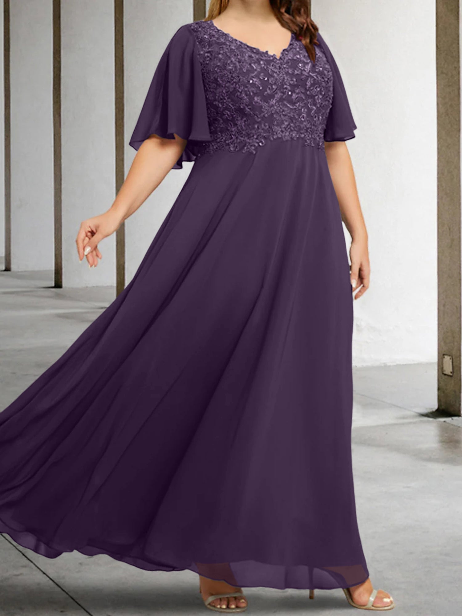 A Line Princess V Neck Half Sleeves Floor Length Mother Of The Bride Dresses With Applique