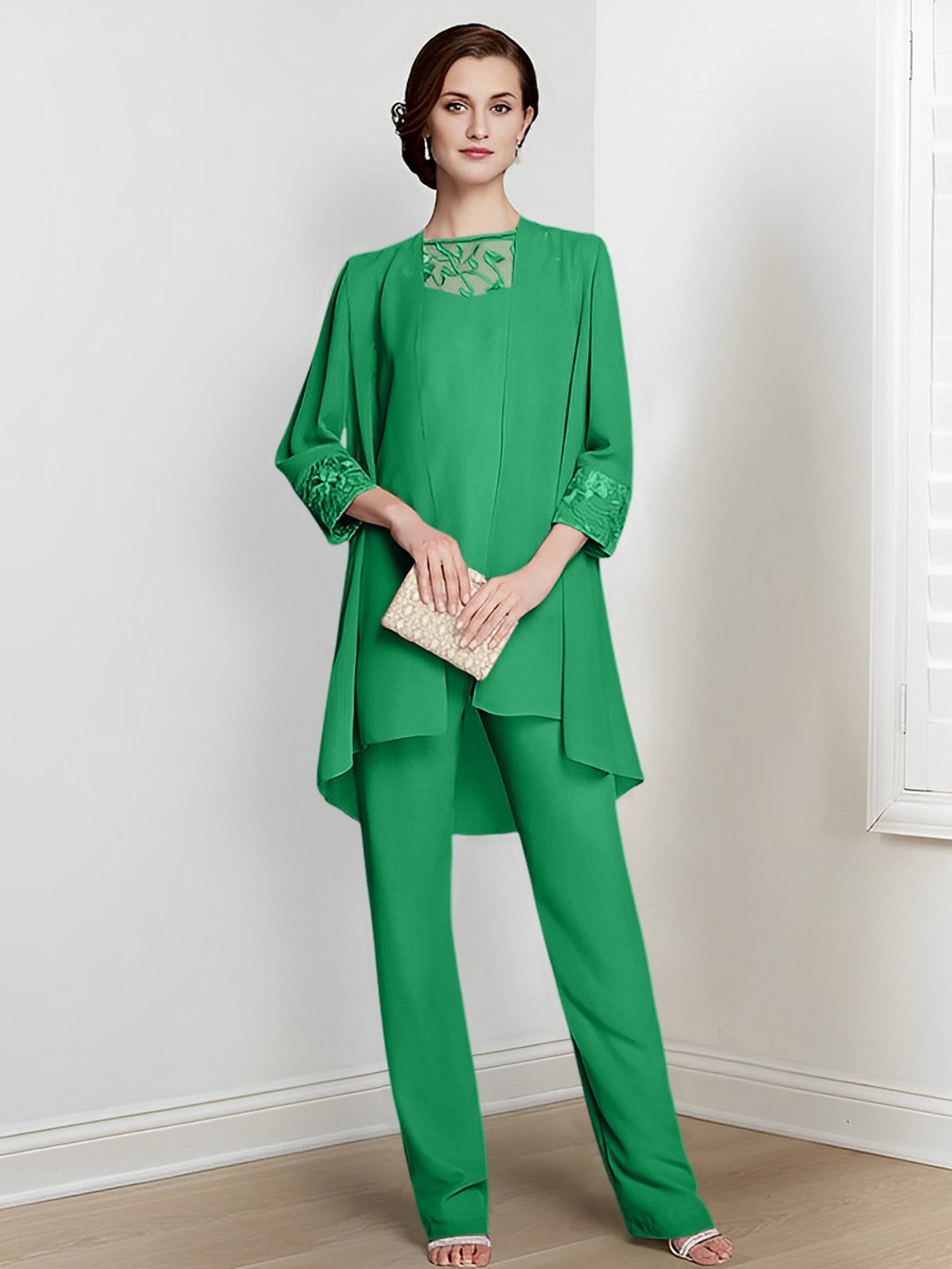 Chiffon Square Neck Long Sleeves Floor Length Mother Of The Bride Pantsuits With Jacket