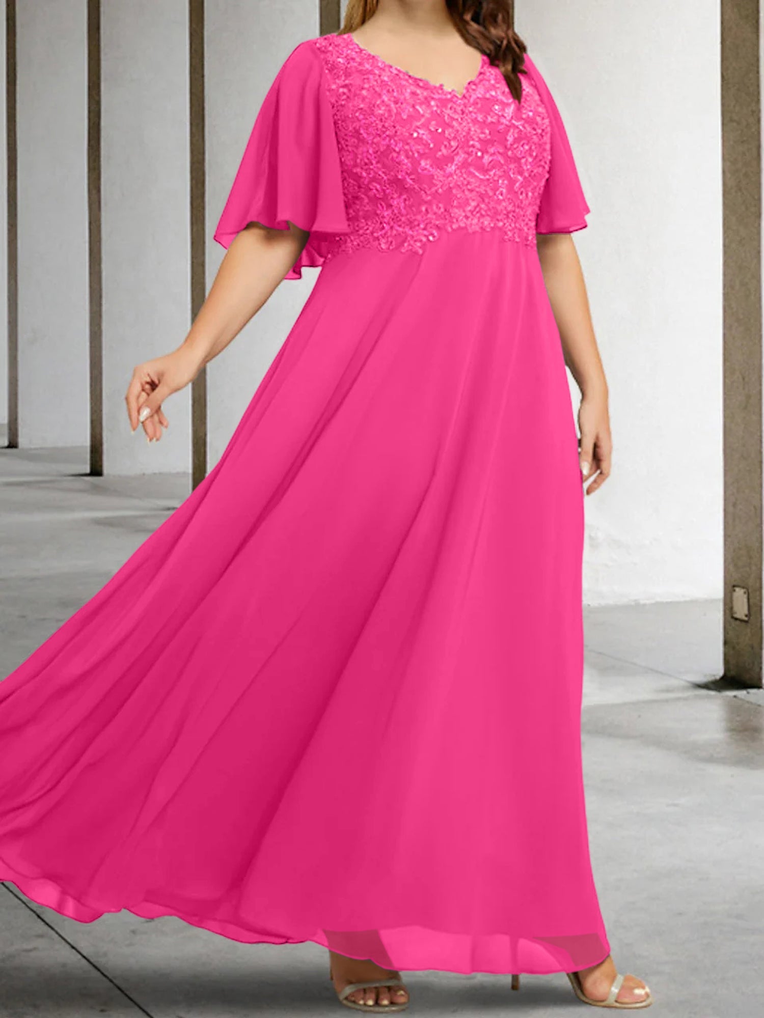 A Line Princess V Neck Half Sleeves Floor Length Mother Of The Bride Dresses With Applique