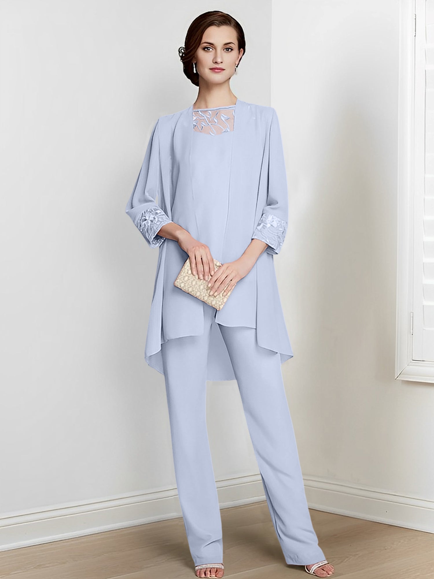 Chiffon Square Neck Long Sleeves Floor Length Mother Of The Bride Pantsuits With Jacket