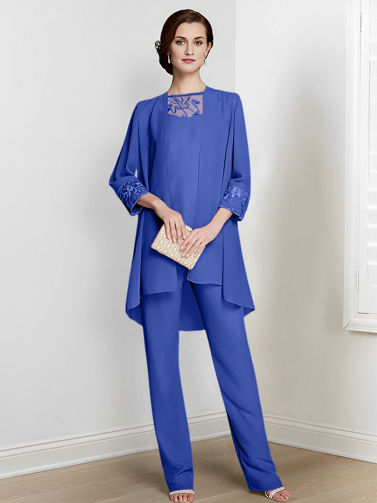 Chiffon Square Neck Long Sleeves Floor Length Mother Of The Bride Pantsuits With Jacket