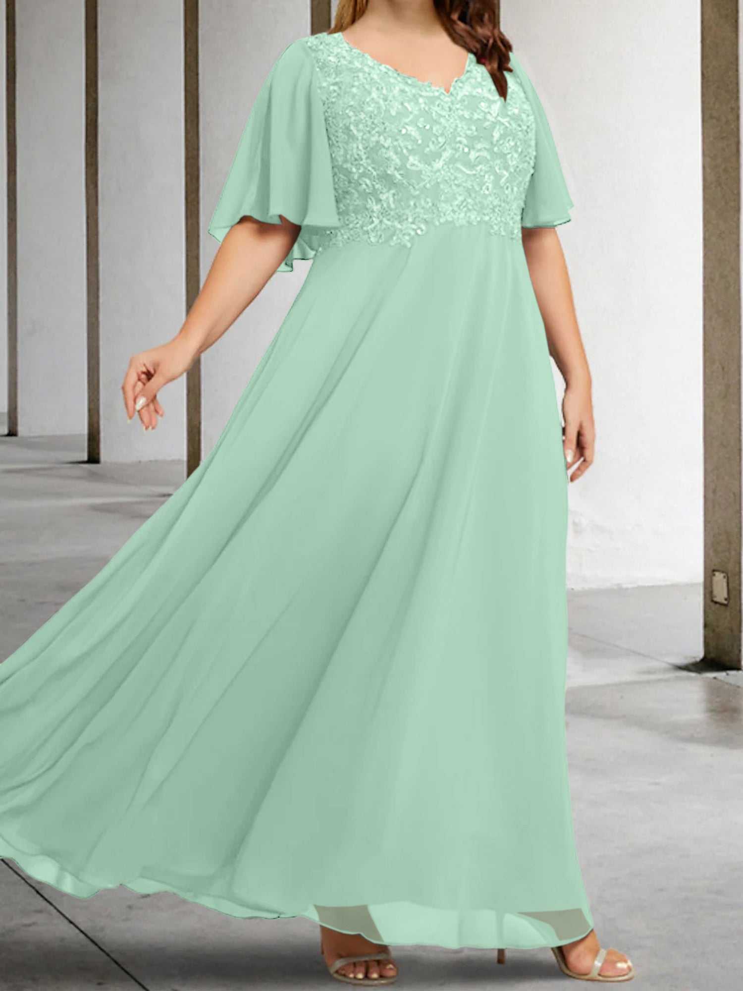 A Line Princess V Neck Half Sleeves Floor Length Mother Of The Bride Dresses With Applique