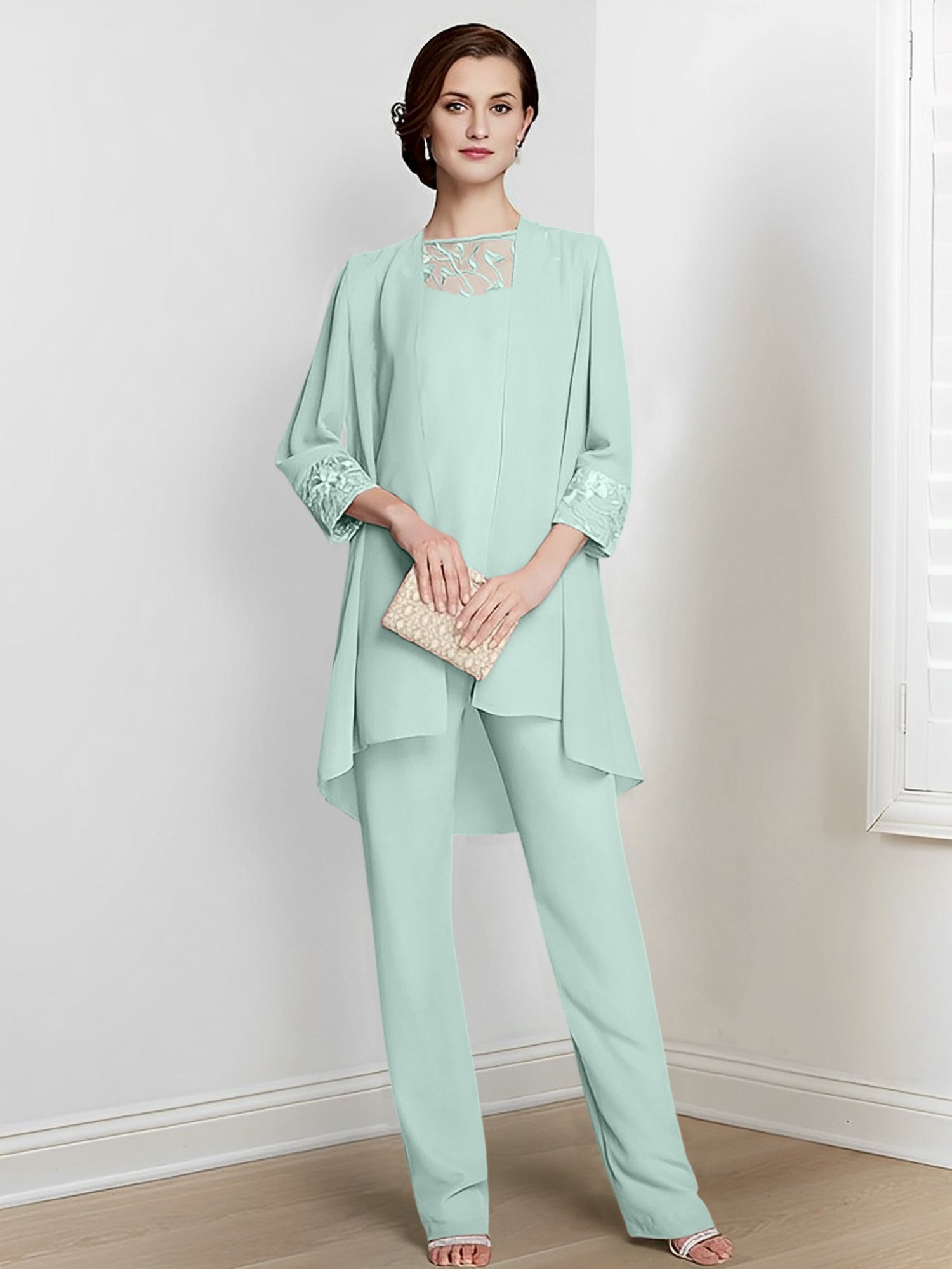 Chiffon Square Neck Long Sleeves Floor Length Mother Of The Bride Pantsuits With Jacket