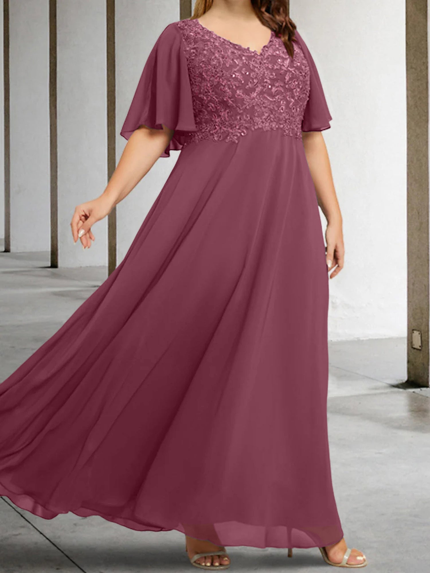 A Line Princess V Neck Half Sleeves Floor Length Mother Of The Bride Dresses With Applique