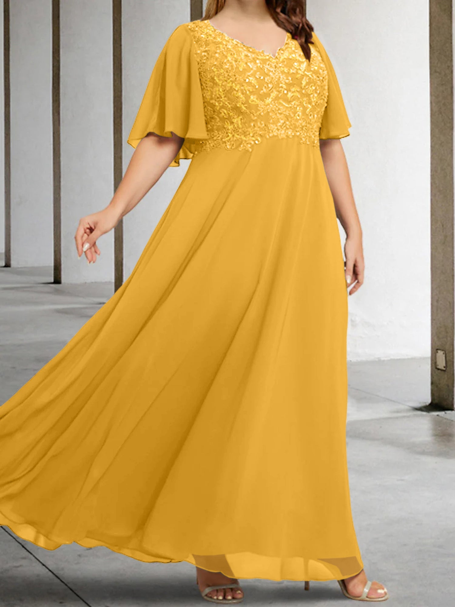 A Line Princess V Neck Half Sleeves Floor Length Mother Of The Bride Dresses With Applique