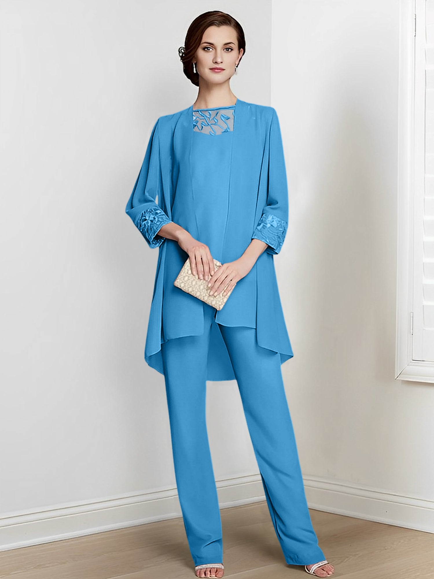 Chiffon Square Neck Long Sleeves Floor Length Mother Of The Bride Pantsuits With Jacket