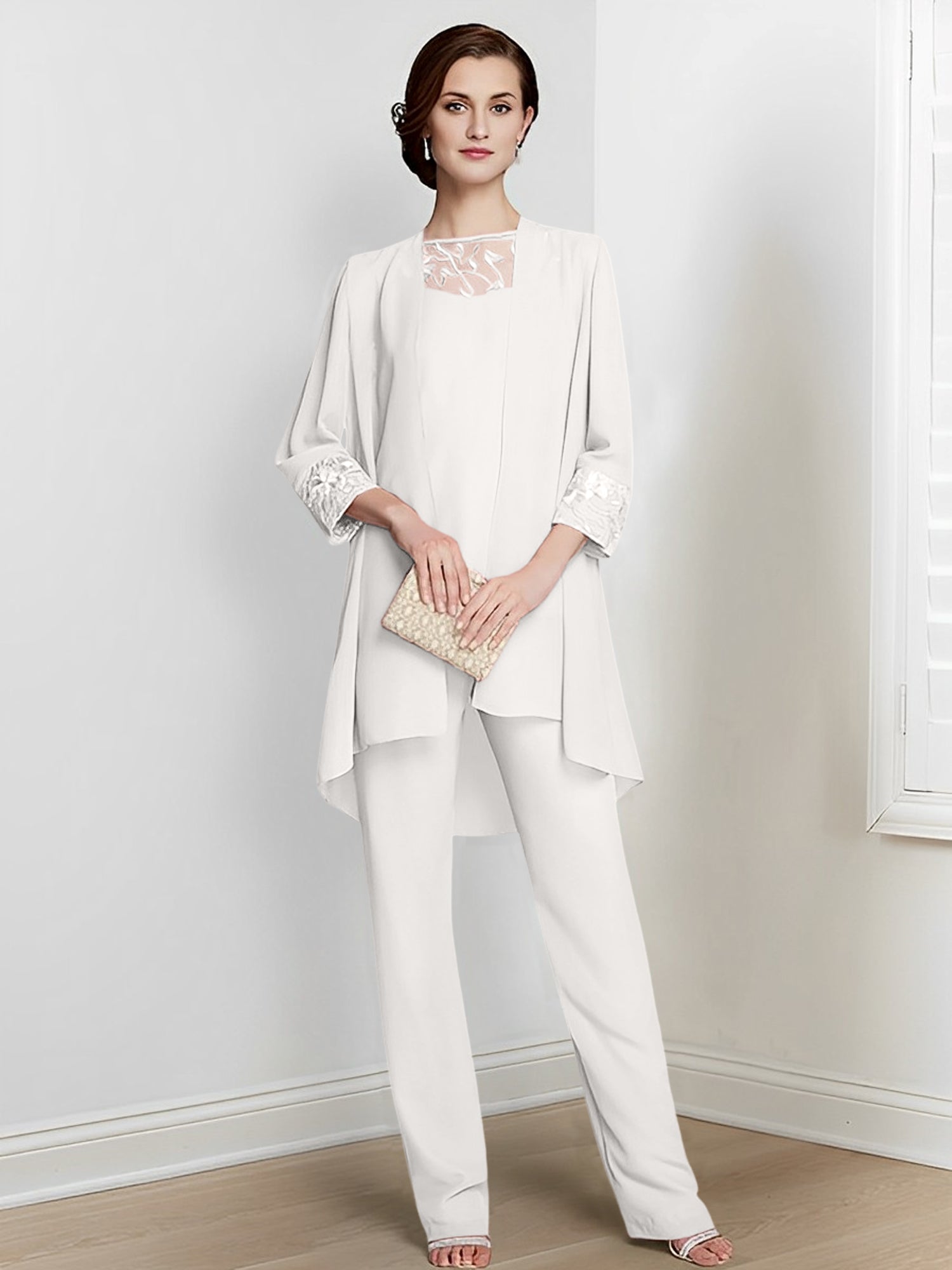 Chiffon Square Neck Long Sleeves Floor Length Mother Of The Bride Pantsuits With Jacket