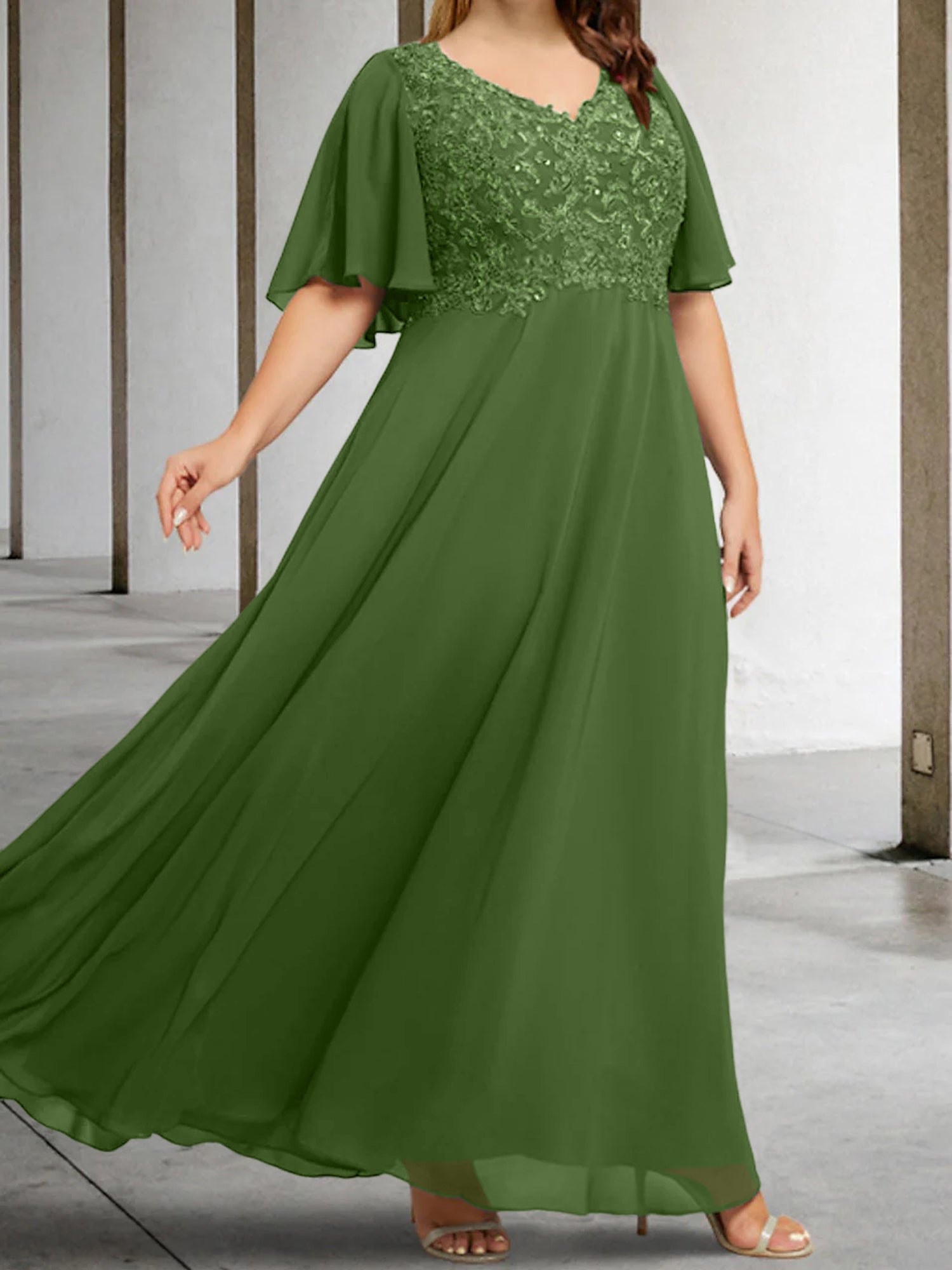 A Line Princess V Neck Half Sleeves Floor Length Mother Of The Bride Dresses With Applique