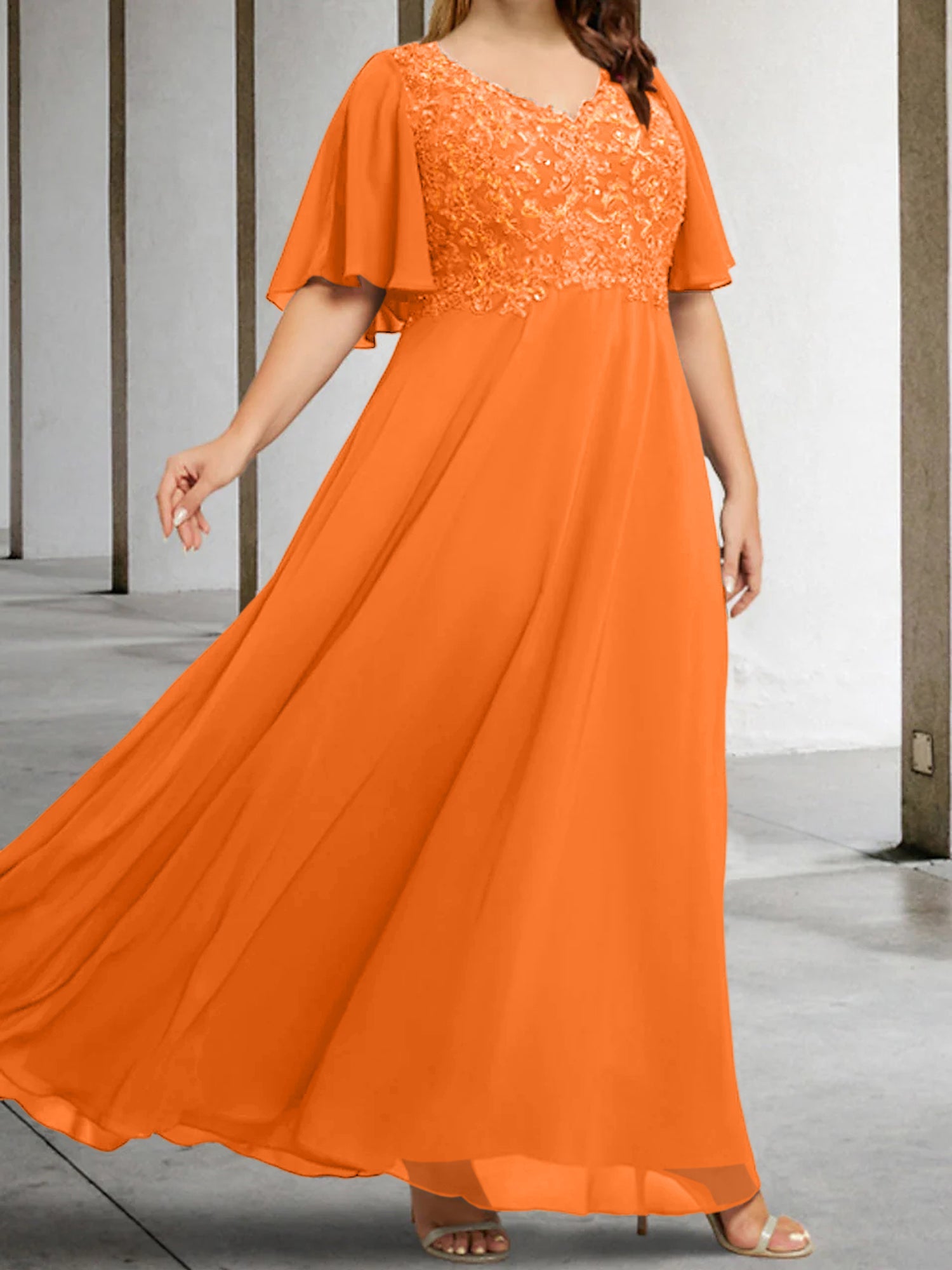 A Line Princess V Neck Half Sleeves Floor Length Mother Of The Bride Dresses With Applique