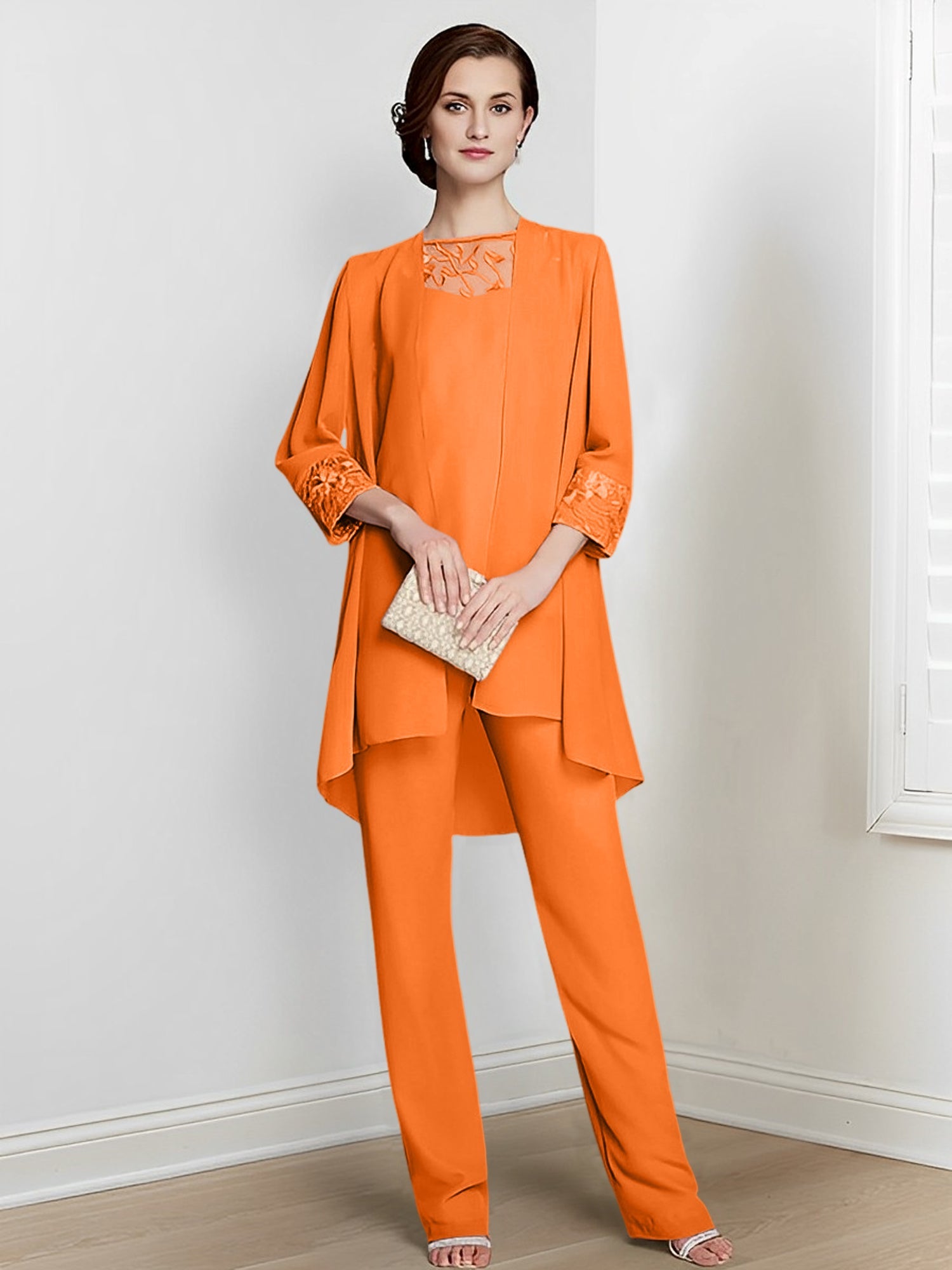 Chiffon Square Neck Long Sleeves Floor Length Mother Of The Bride Pantsuits With Jacket